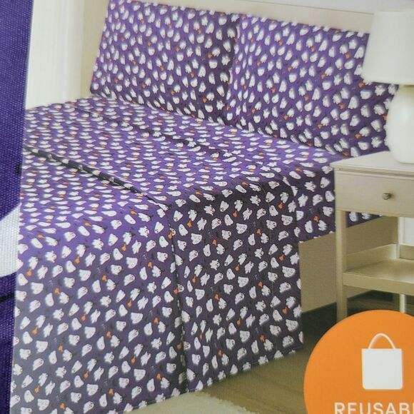 Halloween Purple White Cheeky Ghosts Boos Bones FULL 5pc Sheets Set Boys Bedding - Picture 5 of 11